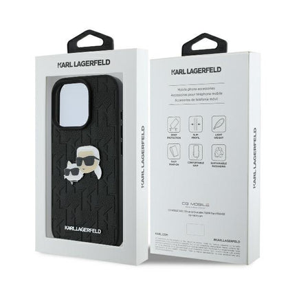 Husa pentru Apple iPhone 16 Pro, Karl Lagerfeld, Monogram Karl & Choupette's Heads, Neagra