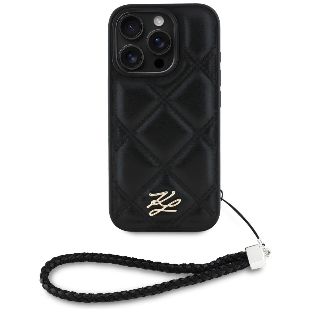 Husa pentru Apple iPhone 16 Pro, Karl Lagerfeld, Quilted Initial Logo & Chain Strap, Neagra