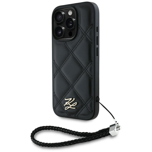 Husa pentru Apple iPhone 16 Pro, Karl Lagerfeld, Quilted Initial Logo & Chain Strap, Neagra