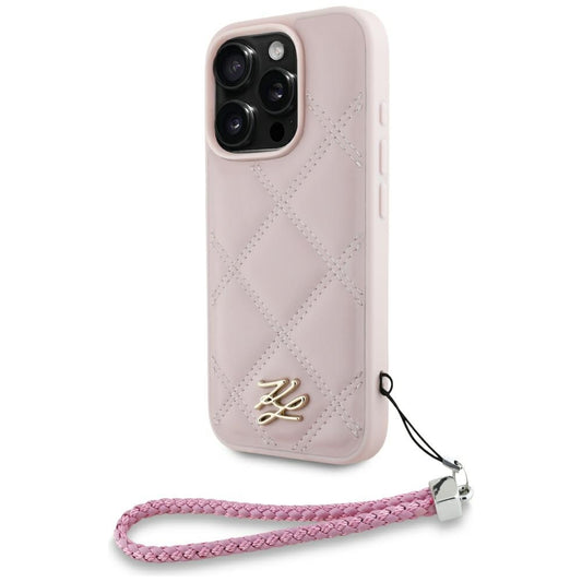 Husa pentru Apple iPhone 16 Pro, Karl Lagerfeld, Quilted Initial Logo & Chain Strap, Roz