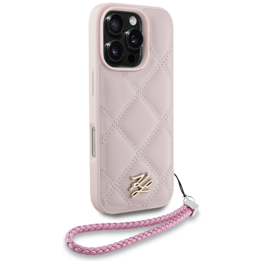 Husa pentru Apple iPhone 16 Pro, Karl Lagerfeld, Quilted Initial Logo & Chain Strap, Roz
