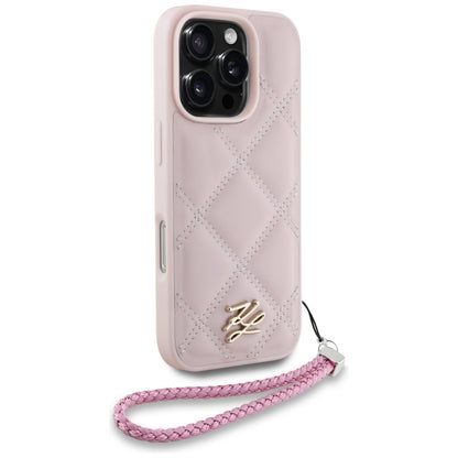 Husa pentru Apple iPhone 16 Pro, Karl Lagerfeld, Quilted Initial Logo & Chain Strap, Roz