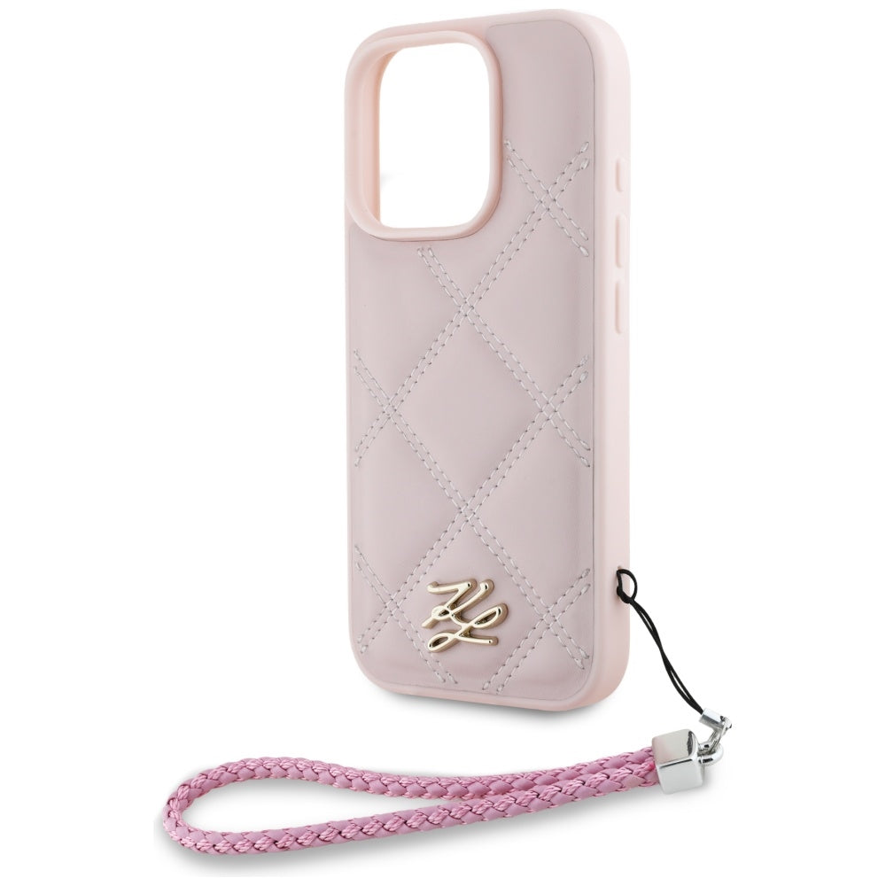 Husa pentru Apple iPhone 16 Pro, Karl Lagerfeld, Quilted Initial Logo & Chain Strap, Roz