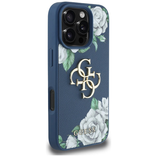 Husa pentru Apple iPhone 16 Pro Max, Guess, 4G Grained Roses Big Logo, Albastra