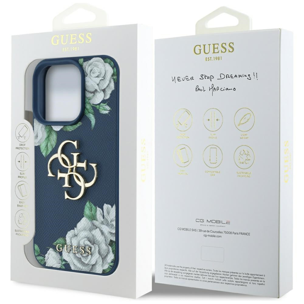 Husa pentru Apple iPhone 16 Pro Max, Guess, 4G Grained Roses Big Logo, Albastra