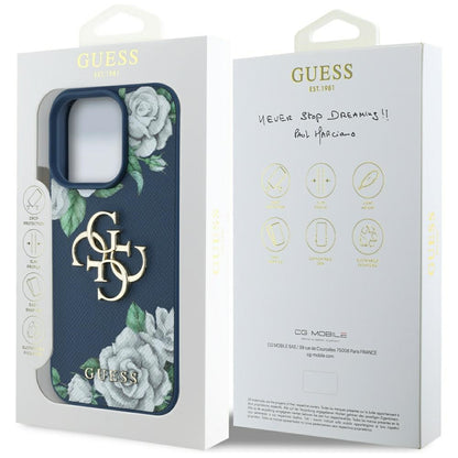 Husa pentru Apple iPhone 16 Pro Max, Guess, 4G Grained Roses Big Logo, Albastra