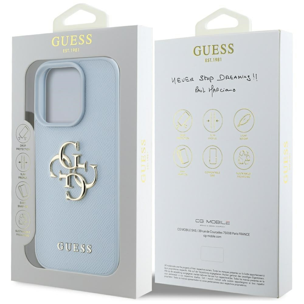 Husa pentru Apple iPhone 16 Pro Max, Guess, Grained Big 4G Logo Small Classic Logo, Albastra