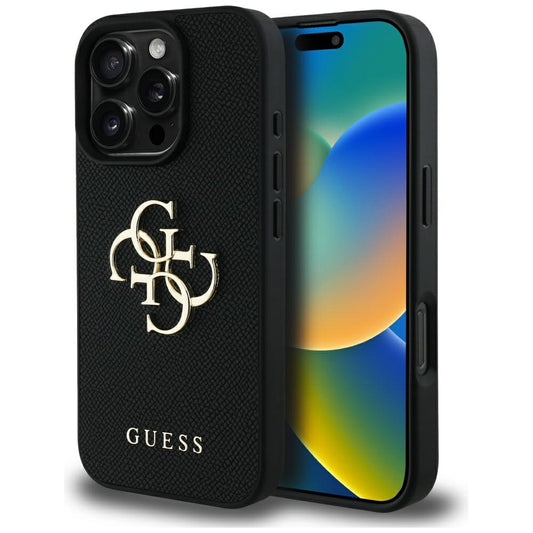 Husa pentru Apple iPhone 16 Pro Max, Guess, Grained Big 4G Logo Small Classic Logo, Neagra