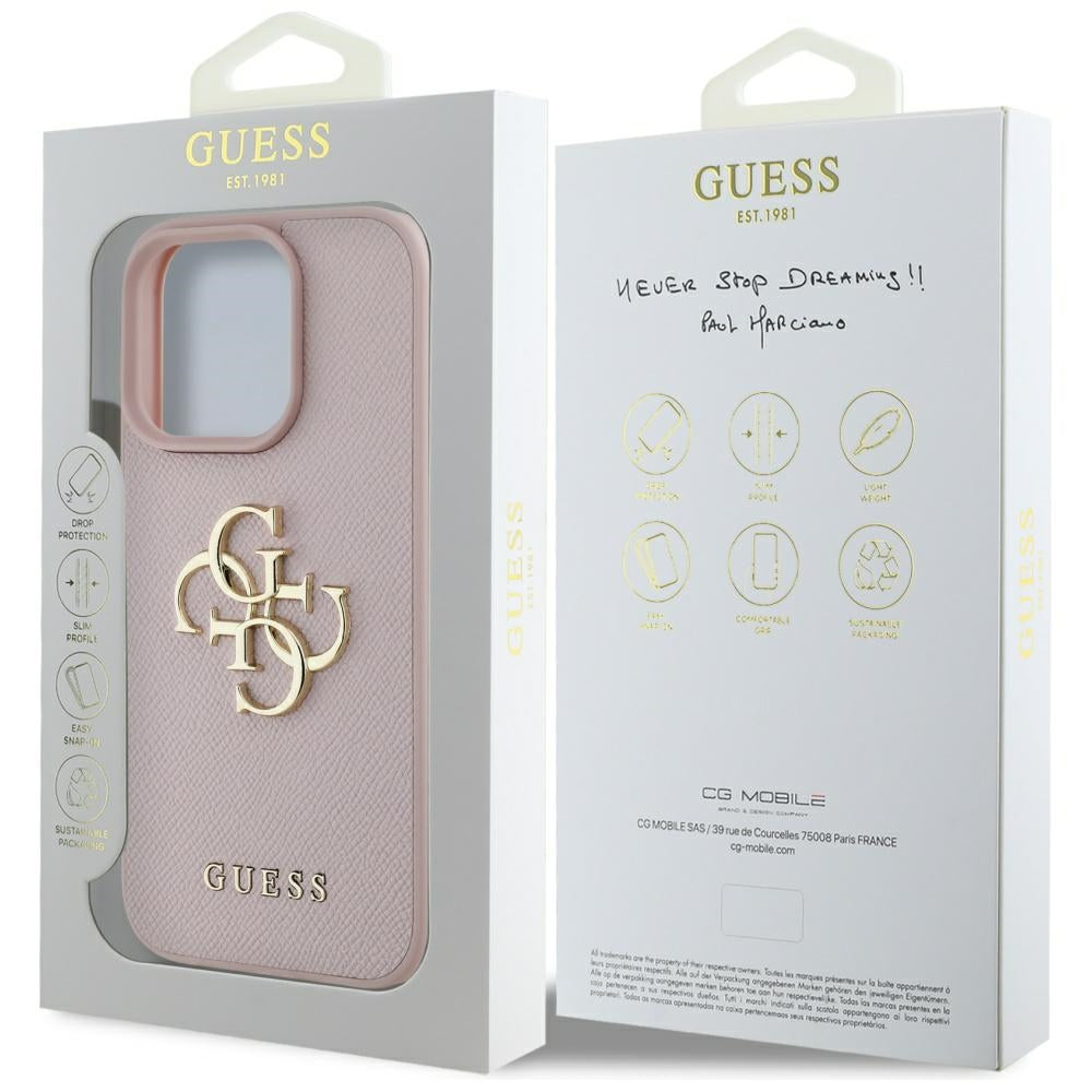 Husa pentru Apple iPhone 16 Pro Max, Guess, Grained Big 4G Logo Small Classic Logo, Roz