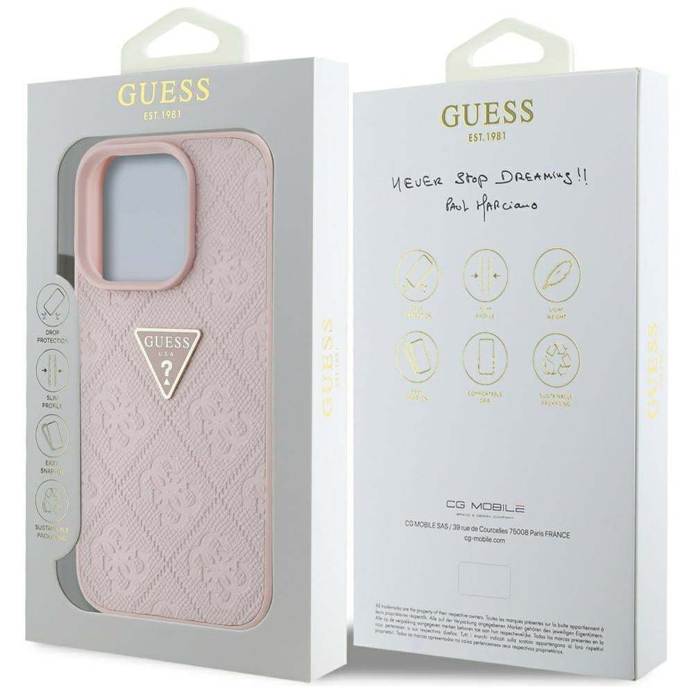 Husa pentru Apple iPhone 16 Pro Max, Guess, Hot Stamp 4G Pattern Triangle Logo, Roz