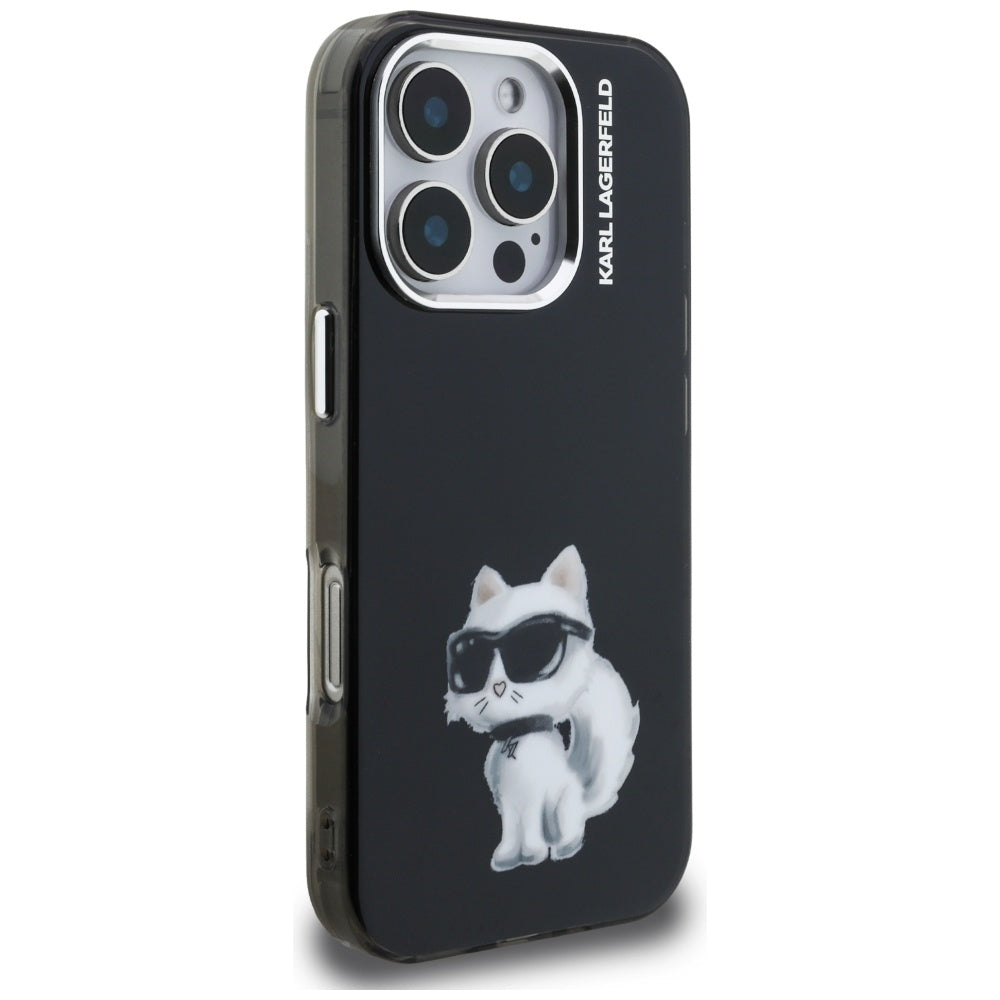 Husa pentru Apple iPhone 16 Pro Max, Karl Lagerfeld, IML Aquarelle Logo Choupette, Neagra