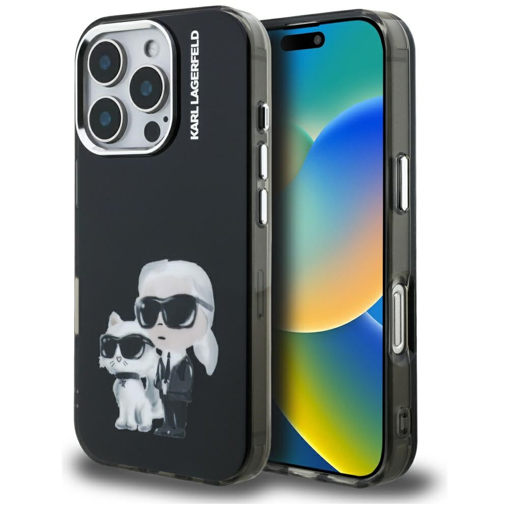 Husa pentru Apple iPhone 16 Pro Max, Karl Lagerfeld, IML Aquarelle Logo Karl & Choupette, Neagra