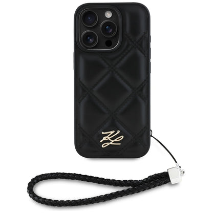 Husa pentru Apple iPhone 16 Pro Max, Karl Lagerfeld, Quilted Initial Logo & Chain Strap, Neagra