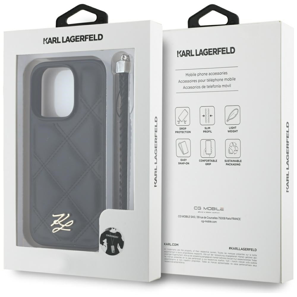 Husa pentru Apple iPhone 16 Pro Max, Karl Lagerfeld, Quilted Initial Logo & Chain Strap, Neagra
