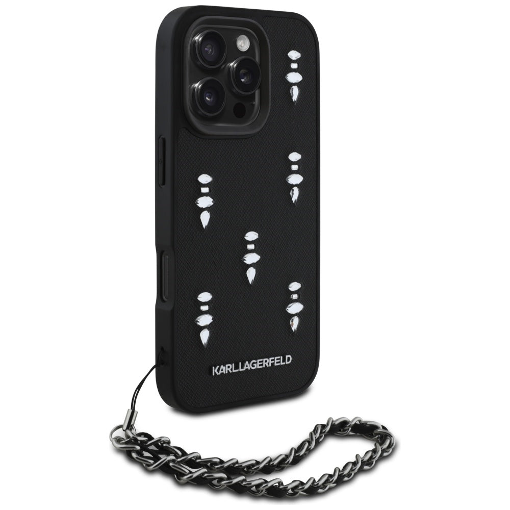 Husa pentru Apple iPhone 16 Pro Max, Karl Lagerfeld, Saffiano Crystals & Charm, Neagra