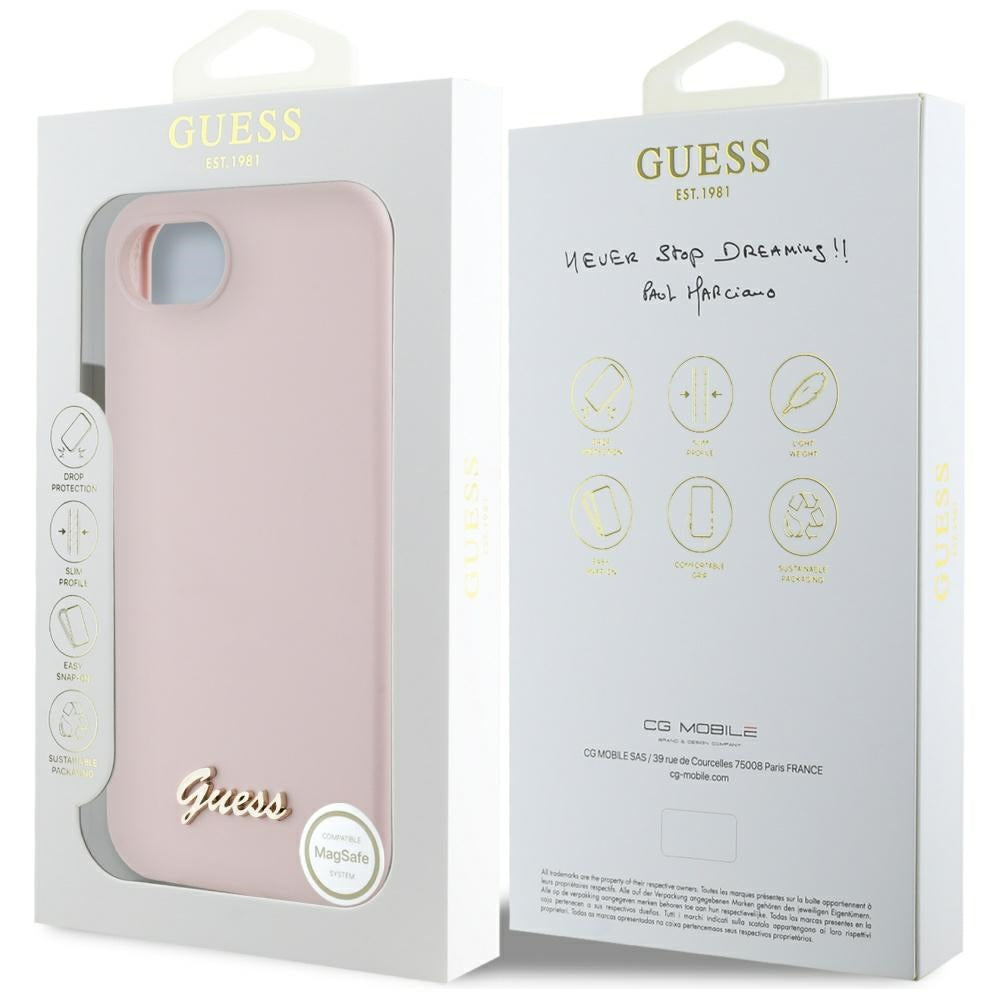 Husa pentru Apple iPhone 16e, Guess, Script Metal Logo, Roz