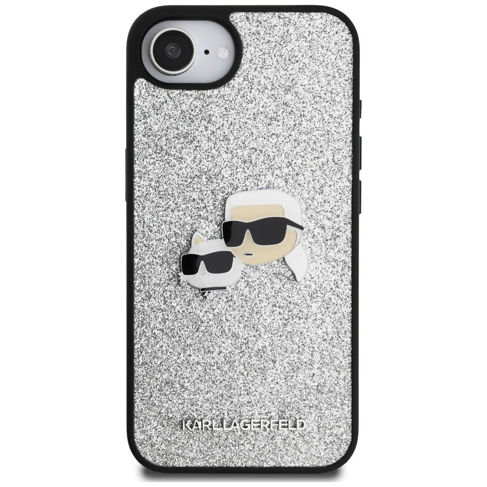 Husa pentru Apple iPhone 16e, Karl Lagerfeld, Glitter Fixed Karl & Choupette's Heads, Argintie