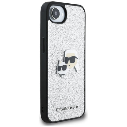 Husa pentru Apple iPhone 16e, Karl Lagerfeld, Glitter Fixed Karl & Choupette's Heads, Argintie