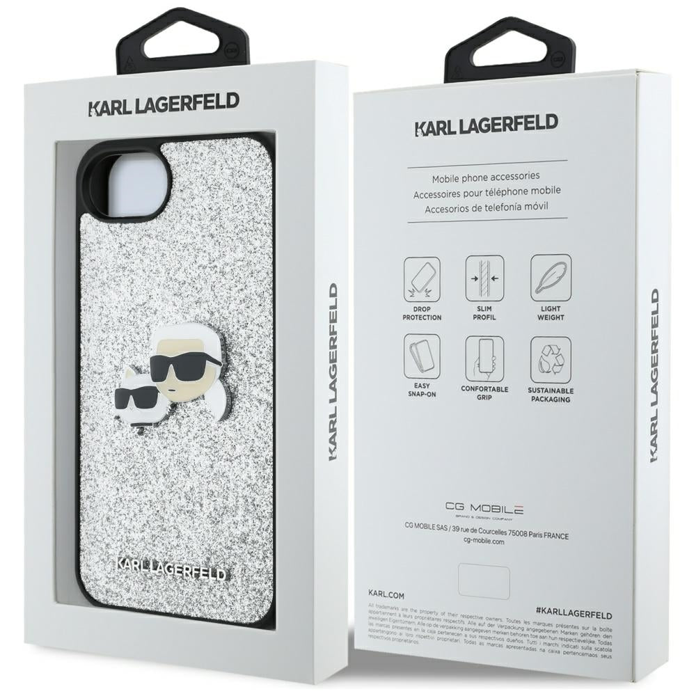 Husa pentru Apple iPhone 16e, Karl Lagerfeld, Glitter Fixed Karl & Choupette's Heads, Argintie