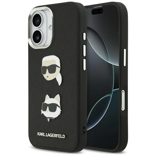 Husa pentru Apple iPhone 17, Karl Lagerfeld, Grained Karl & Choupette's Heads Pins and Logo, Neagra