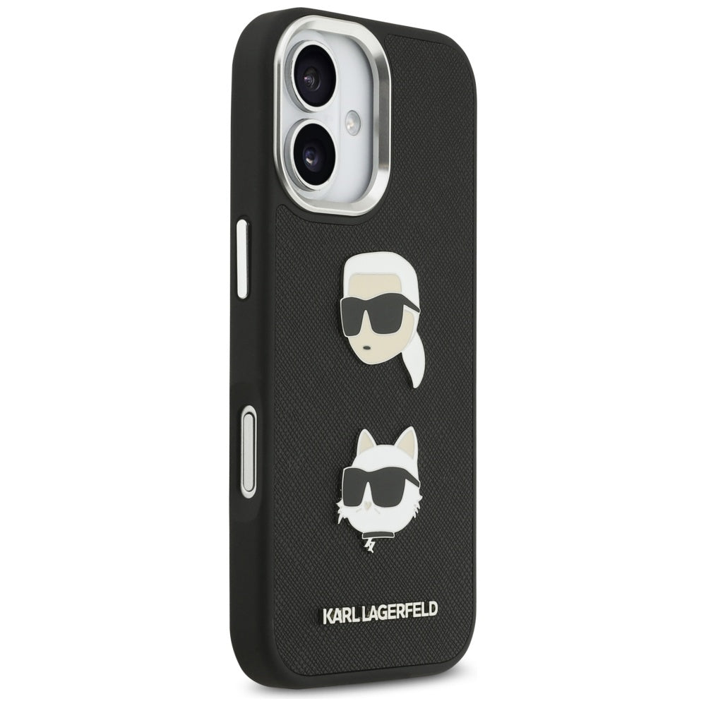 Husa pentru Apple iPhone 17, Karl Lagerfeld, Grained Karl & Choupette's Heads Pins and Logo, Neagra