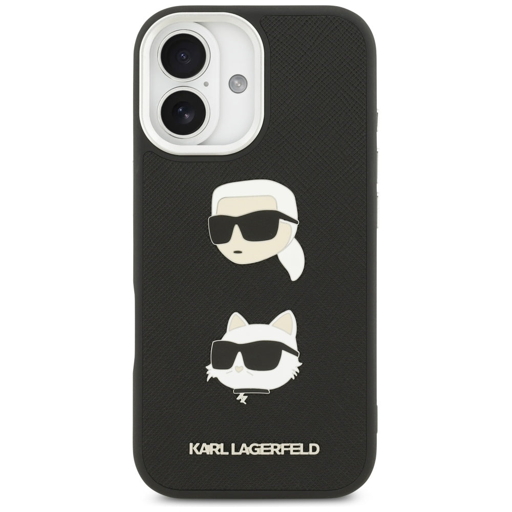 Husa pentru Apple iPhone 17, Karl Lagerfeld, Grained Karl & Choupette's Heads Pins and Logo, Neagra