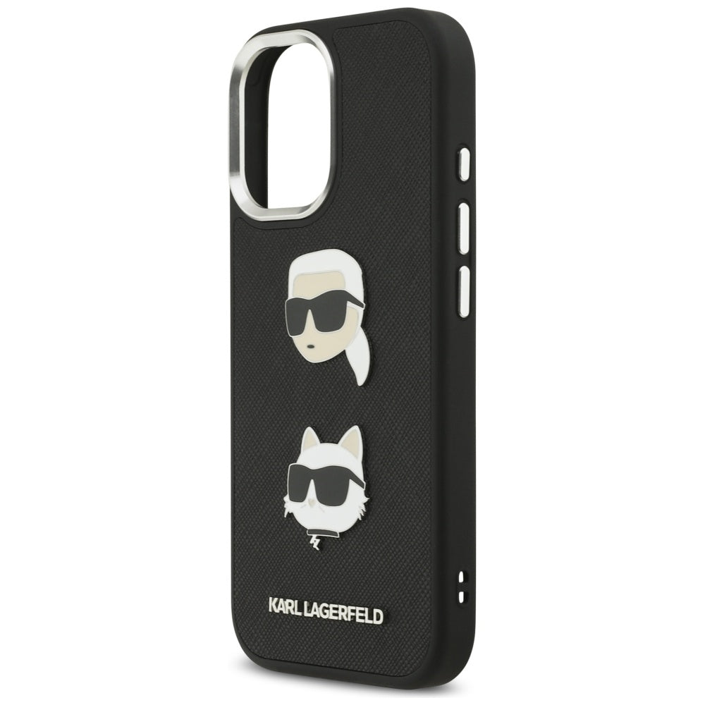 Husa pentru Apple iPhone 17, Karl Lagerfeld, Grained Karl & Choupette's Heads Pins and Logo, Neagra