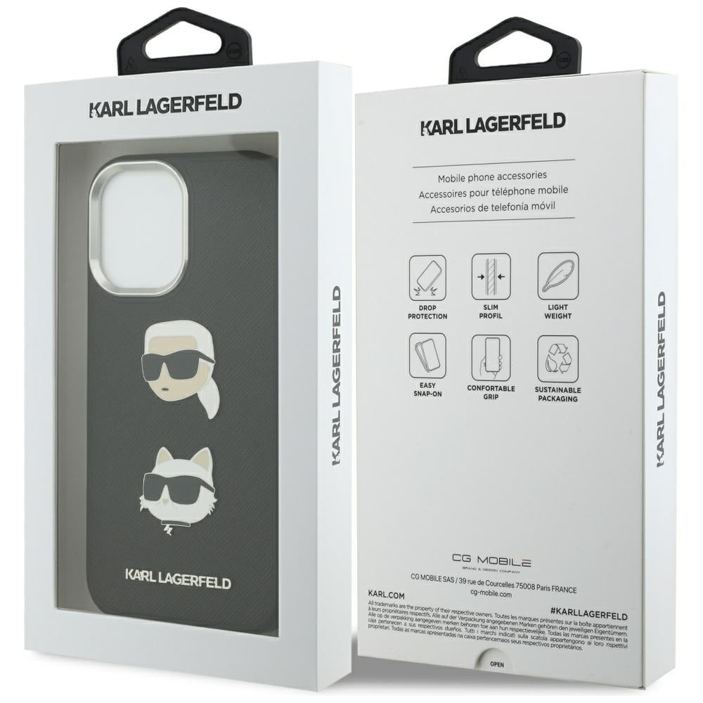 Husa pentru Apple iPhone 17, Karl Lagerfeld, Grained Karl & Choupette's Heads Pins and Logo, Neagra