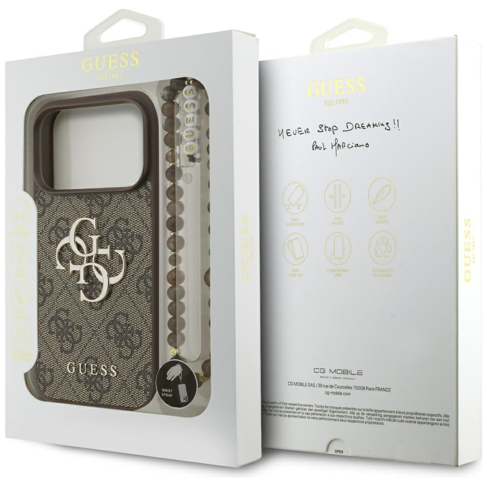 Husa pentru Apple iPhone 17 Pro, Guess, 4G Classic Logo with Pearl Strap, Maro