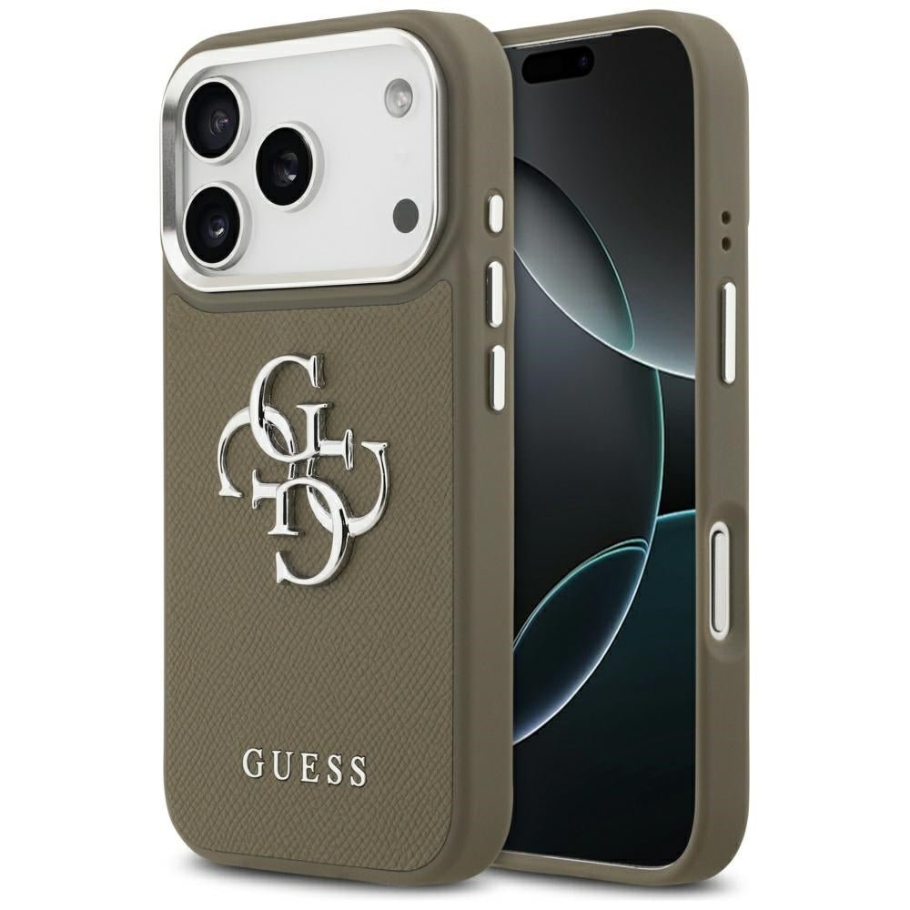 Husa pentru Apple iPhone 17 Pro, Guess, 4G Grained Big And Classic Logo, Maro Argintie