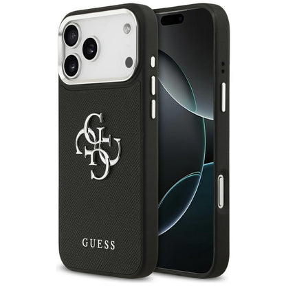 Husa pentru Apple iPhone 17 Pro, Guess, 4G Grained Big and Classic Logo, Neagra Argintie