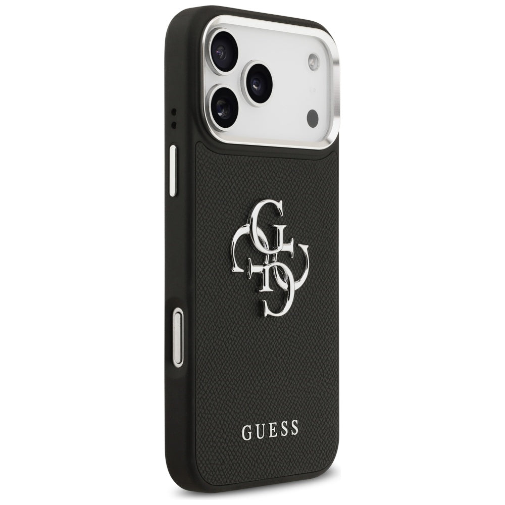Husa pentru Apple iPhone 17 Pro, Guess, 4G Grained Big and Classic Logo, Neagra Argintie