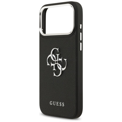 Husa pentru Apple iPhone 17 Pro, Guess, 4G Grained Big and Classic Logo, Neagra Argintie