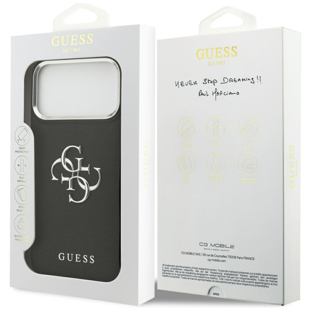 Husa pentru Apple iPhone 17 Pro, Guess, 4G Grained Big and Classic Logo, Neagra Argintie