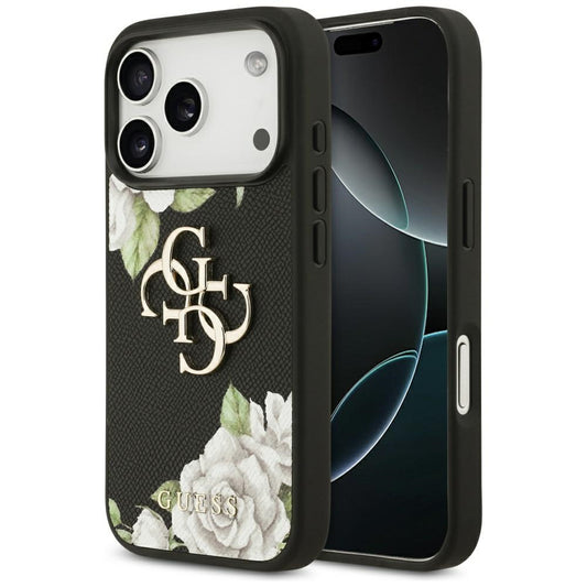 Husa pentru Apple iPhone 17 Pro, Guess, 4G Grained Roses Big Logo, Neagra