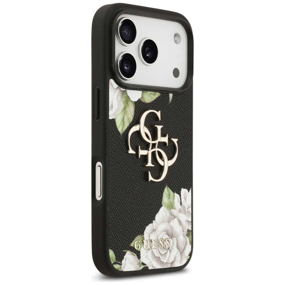 Husa pentru Apple iPhone 17 Pro, Guess, 4G Grained Roses Big Logo, Neagra