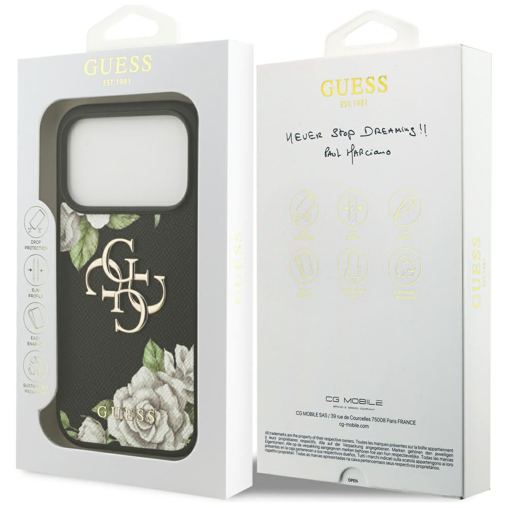 Husa pentru Apple iPhone 17 Pro, Guess, 4G Grained Roses Big Logo, Neagra