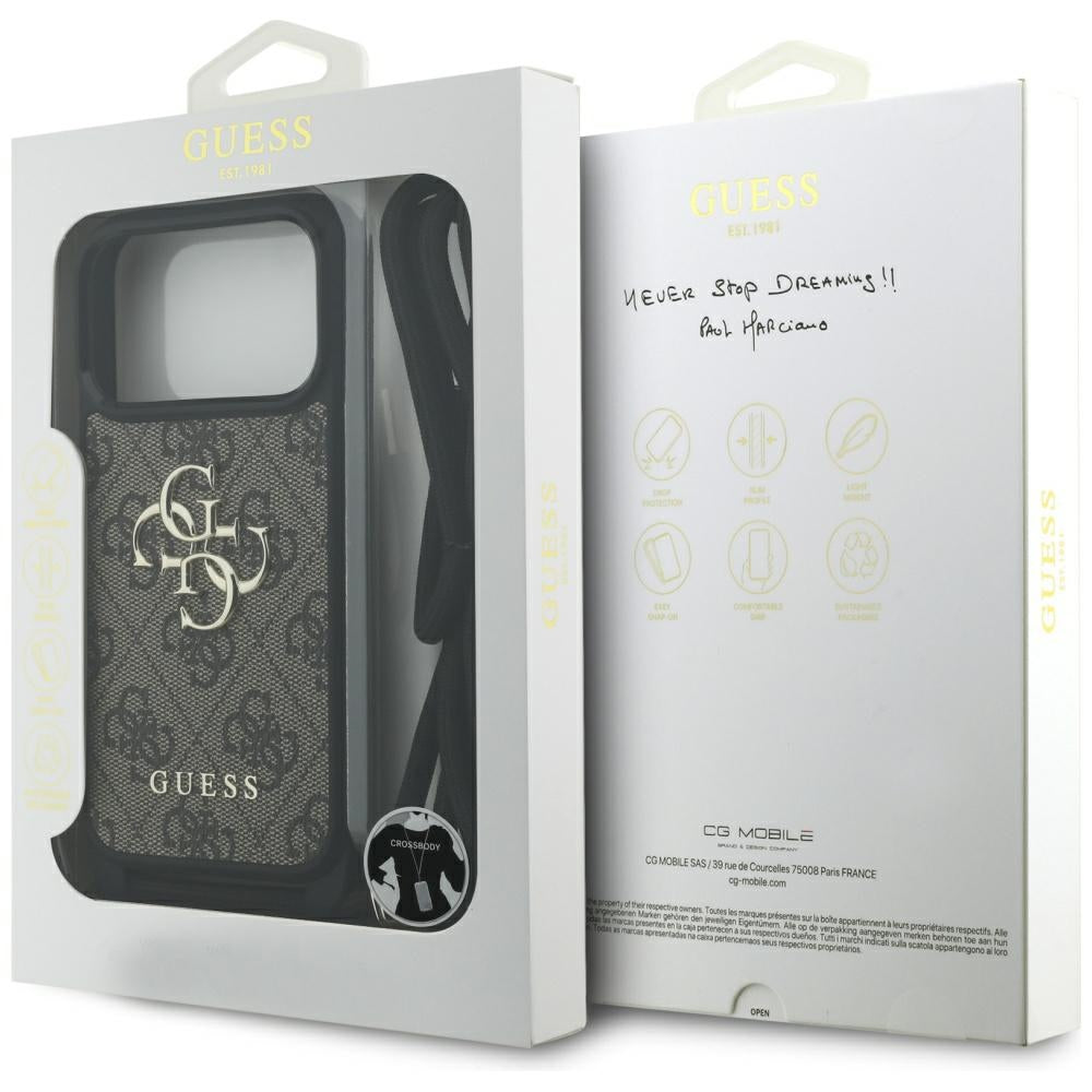 Husa pentru Apple iPhone 17 Pro, Guess, Crossbody Cord 4G Big Log, Maro