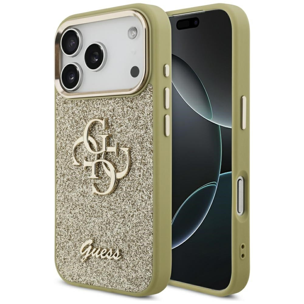 Husa pentru Apple iPhone 17 Pro, Guess, Fixed Glitter Big 4G Metal Frame, Aurie