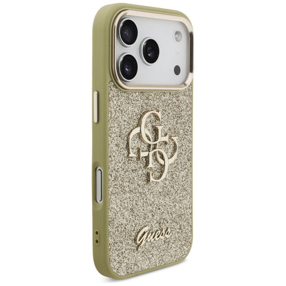 Husa pentru Apple iPhone 17 Pro, Guess, Fixed Glitter Big 4G Metal Frame, Aurie