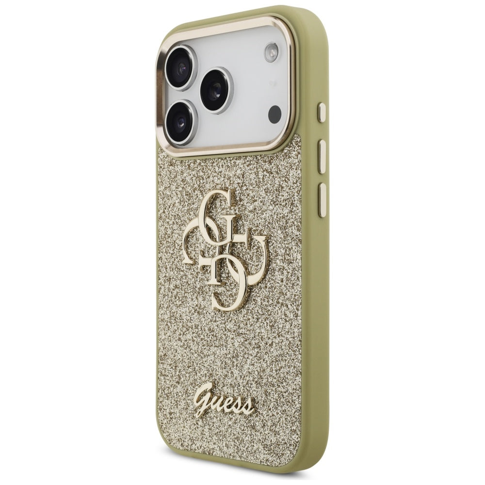 Husa pentru Apple iPhone 17 Pro, Guess, Fixed Glitter Big 4G Metal Frame, Aurie