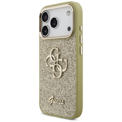 Husa pentru Apple iPhone 17 Pro, Guess, Fixed Glitter Big 4G Metal Frame, Aurie