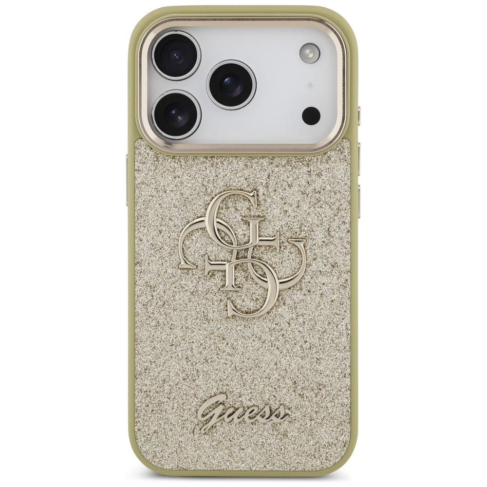 Husa pentru Apple iPhone 17 Pro, Guess, Fixed Glitter Big 4G Metal Frame, Aurie
