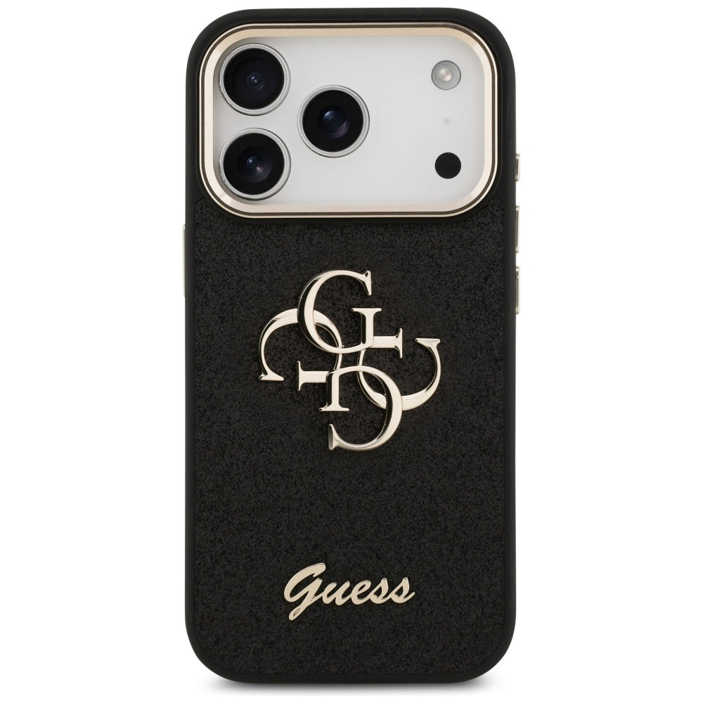 Husa pentru Apple iPhone 17 Pro, Guess, Fixed Glitter Big 4G Metal Frame, Neagra