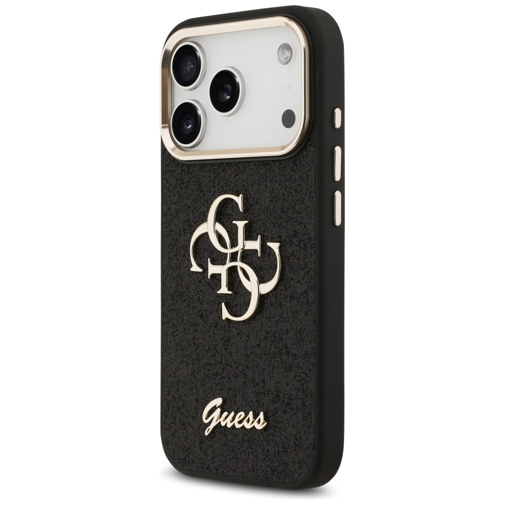 Husa pentru Apple iPhone 17 Pro, Guess, Fixed Glitter Big 4G Metal Frame, Neagra