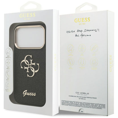 Husa pentru Apple iPhone 17 Pro, Guess, Fixed Glitter Big 4G Metal Frame, Neagra