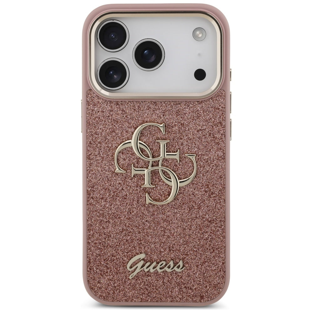 Husa pentru Apple iPhone 17 Pro, Guess, Fixed Glitter Big 4G Metal Frame, Roz