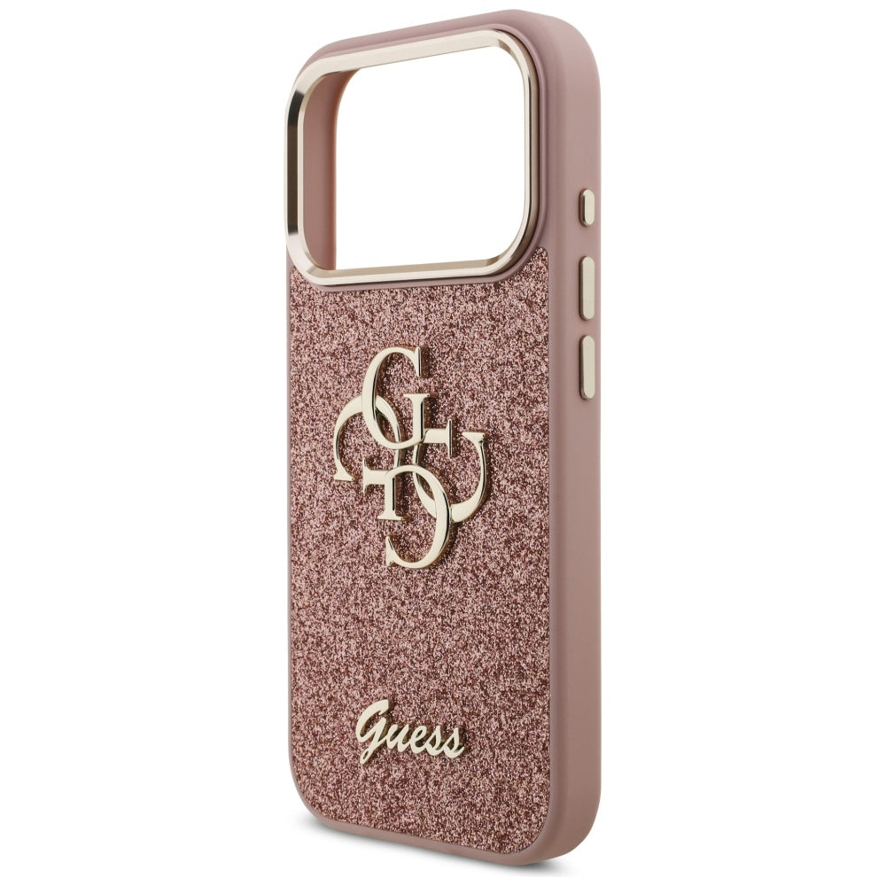 Husa pentru Apple iPhone 17 Pro, Guess, Fixed Glitter Big 4G Metal Frame, Roz