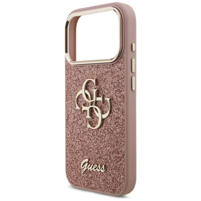 Husa pentru Apple iPhone 17 Pro, Guess, Fixed Glitter Big 4G Metal Frame, Roz