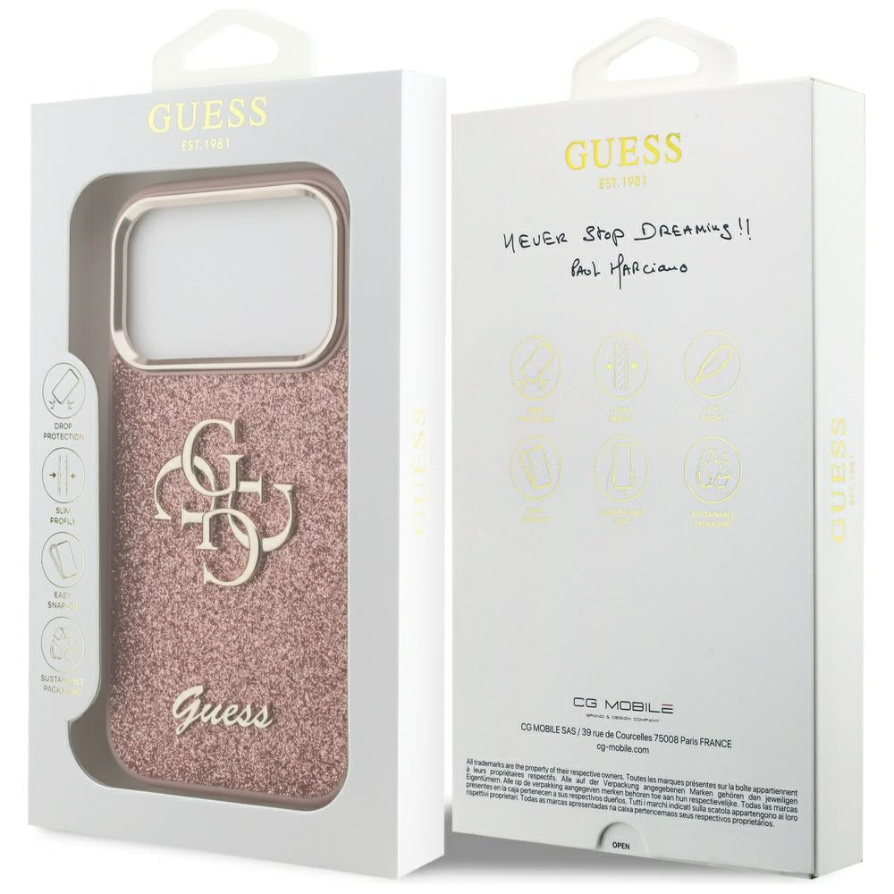 Husa pentru Apple iPhone 17 Pro, Guess, Fixed Glitter Big 4G Metal Frame, Roz